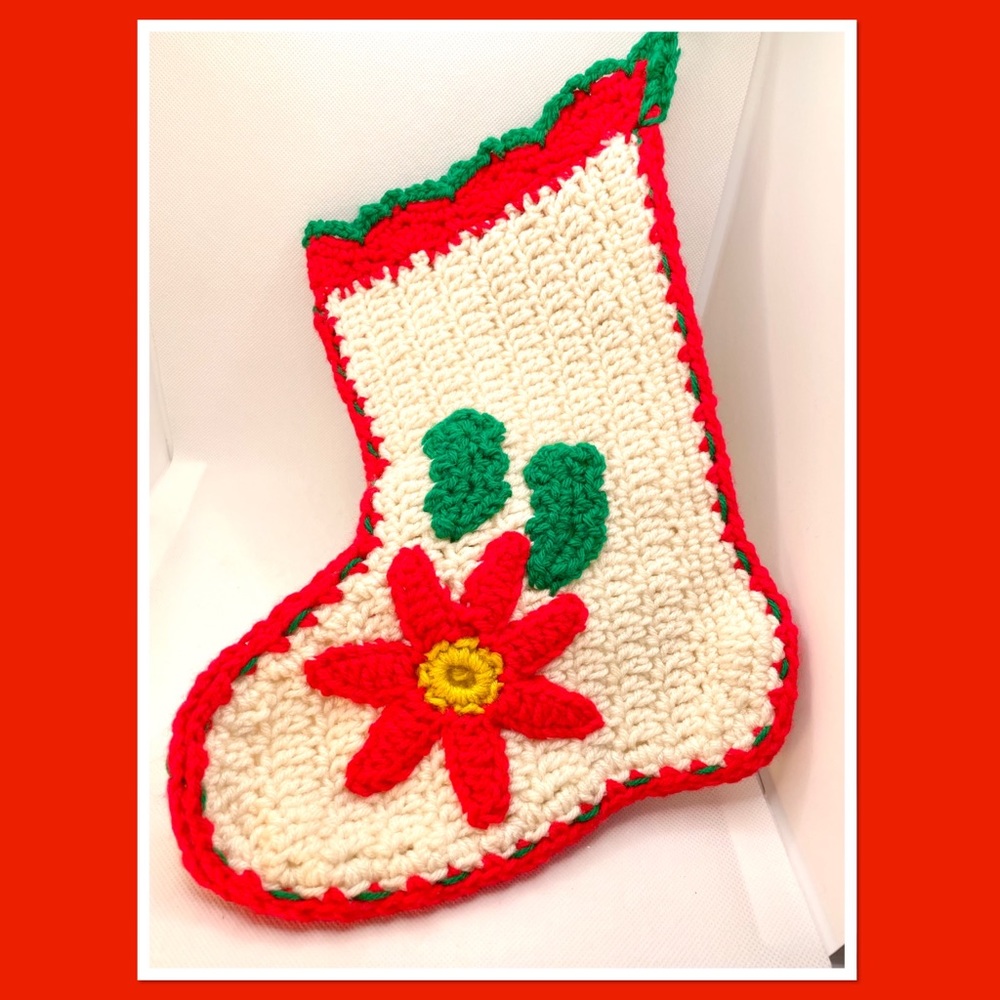 Vintage Stocking Hand Crochet Poinsettia